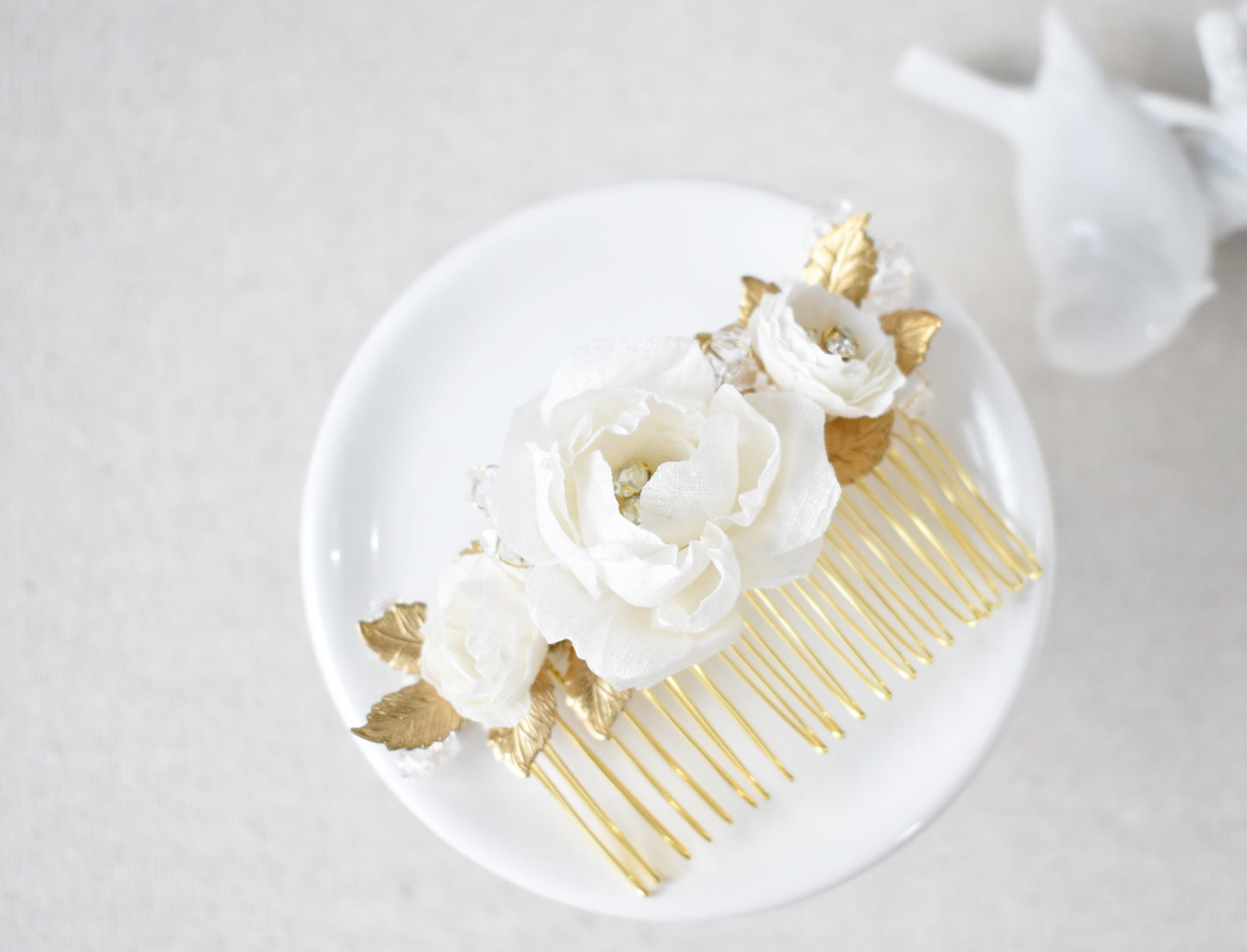 The Adelie - Bridal Hair Comb, Silk Dupioni Flowers, Brass Cast Leaves and European Glass, Handmade Wedding Headpiece
