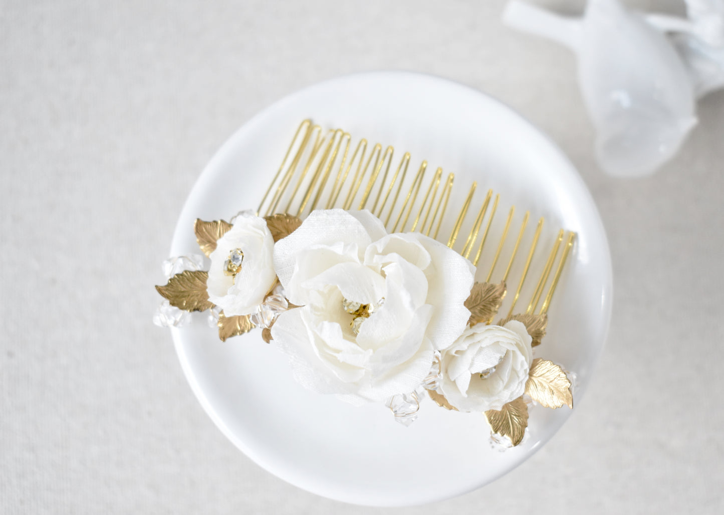 The Adelie - Bridal Hair Comb, Silk Dupioni Flowers, Brass Cast Leaves and European Glass, Handmade Wedding Headpiece