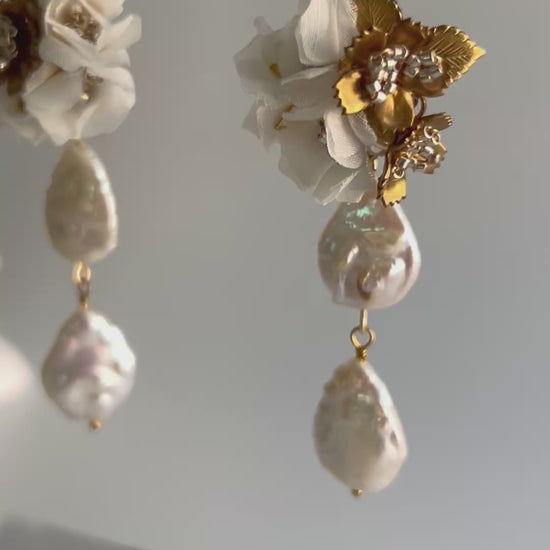 haute handcrafted earrings silk flower gold and white