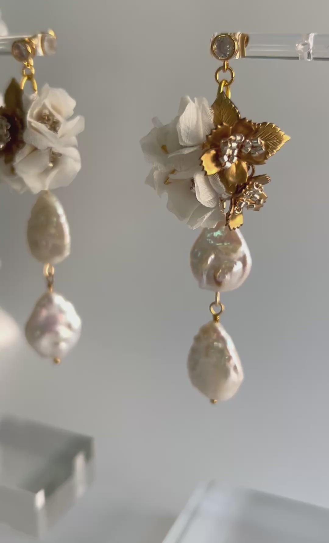 haute handcrafted earrings silk flower gold and white