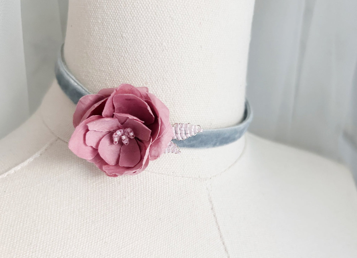 The Antoinette - Silk Blossom Velvet Choker in Pastel Pink & Blue – Handcrafted Floral Necklace - Style 0562