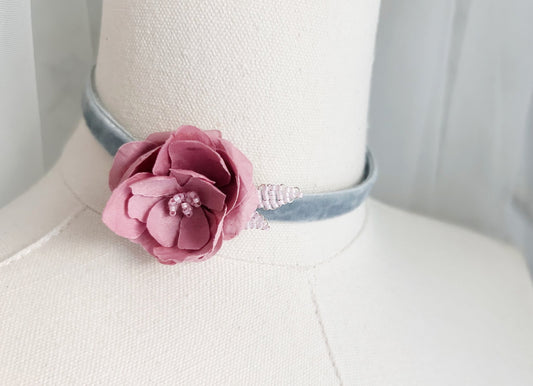 The Antoinette - Silk Blossom Velvet Choker in Pastel Pink & Blue – Handcrafted Floral Necklace - Style 0562