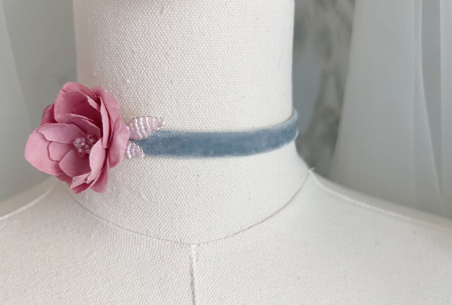 The Antoinette - Silk Blossom Velvet Choker in Pastel Pink & Blue – Handcrafted Floral Necklace - Style 0562