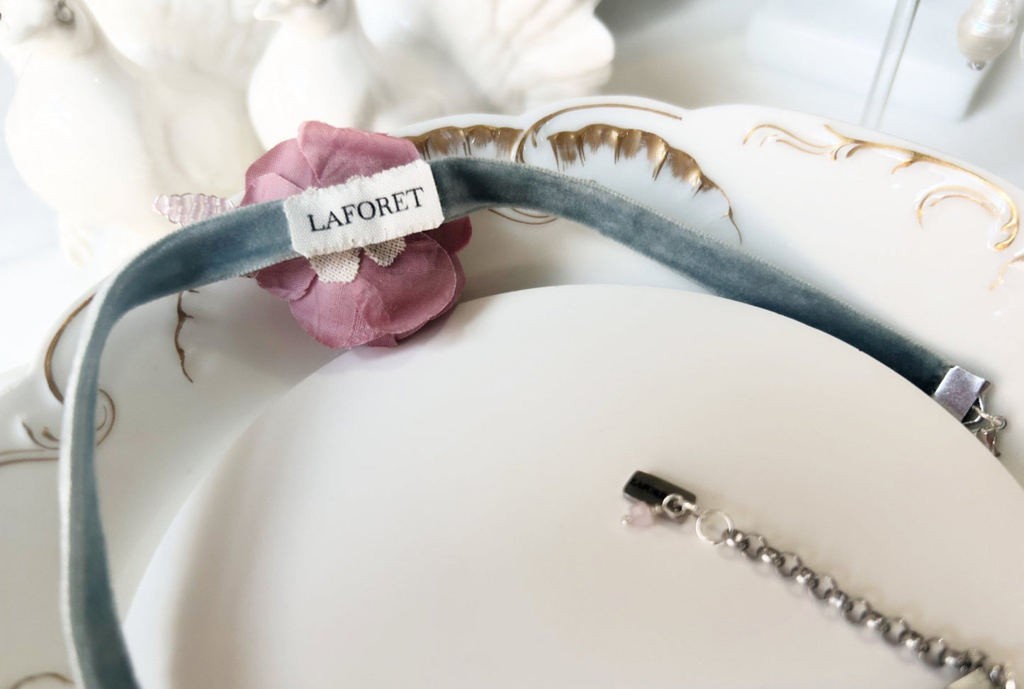 The Antoinette - Silk Blossom Velvet Choker in Pastel Pink & Blue – Handcrafted Floral Necklace - Style 0562
