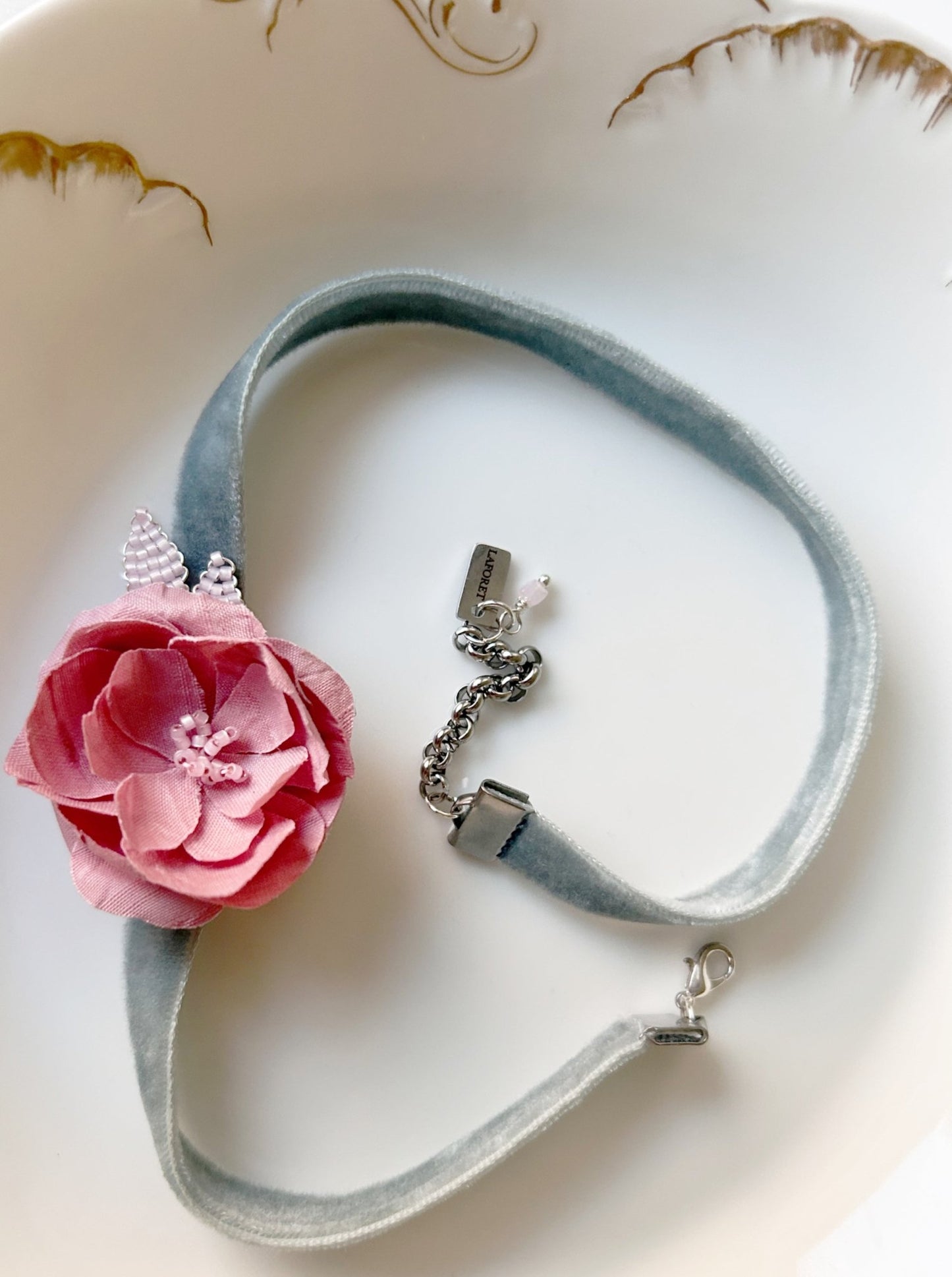 The Antoinette - Silk Blossom Velvet Choker in Pastel Pink & Blue – Handcrafted Floral Necklace - Style 0562