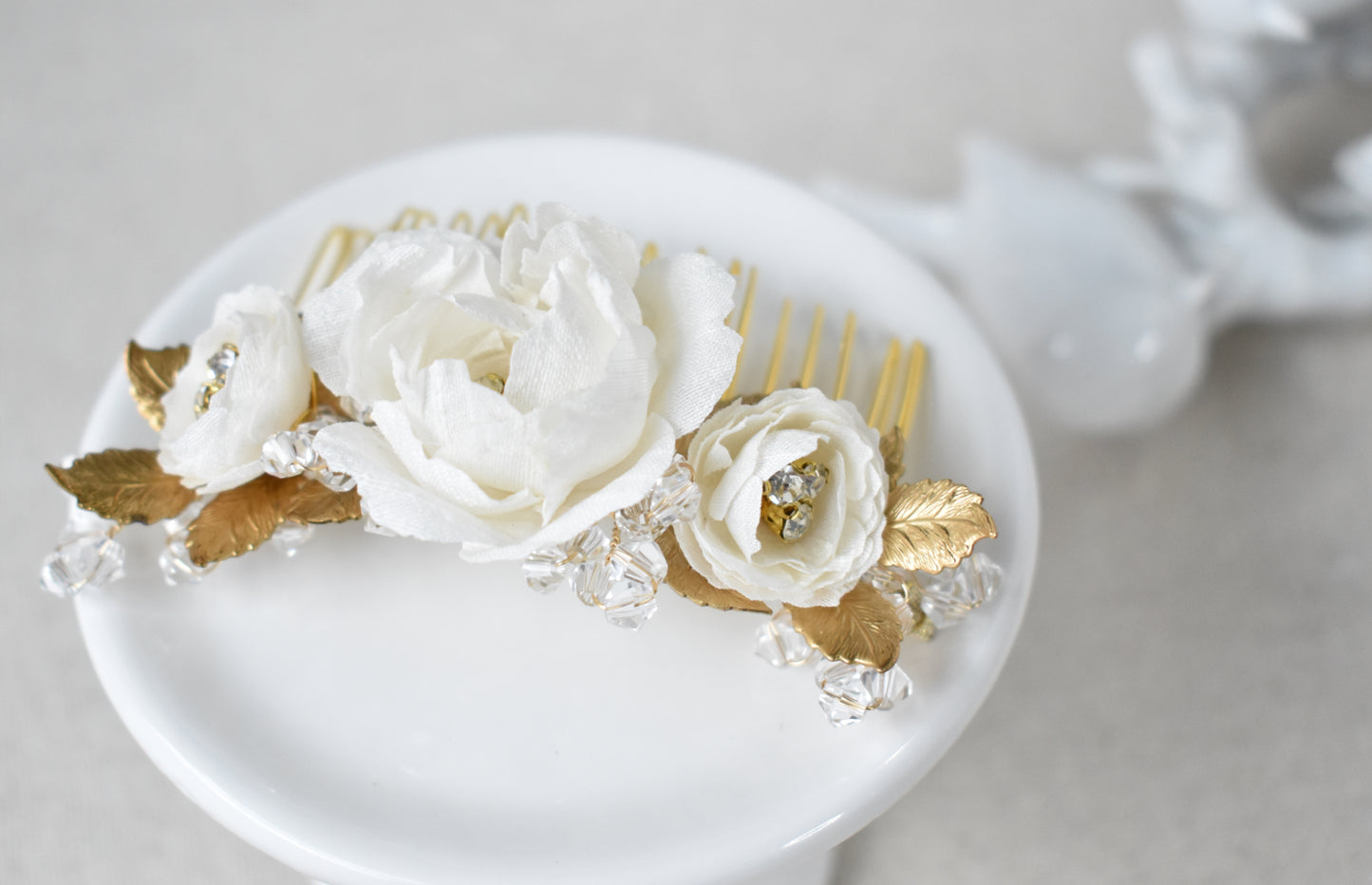 The Adelie - Bridal Hair Comb, Silk Dupioni Flowers, Brass Cast Leaves and European Glass, Handmade Wedding Headpiece