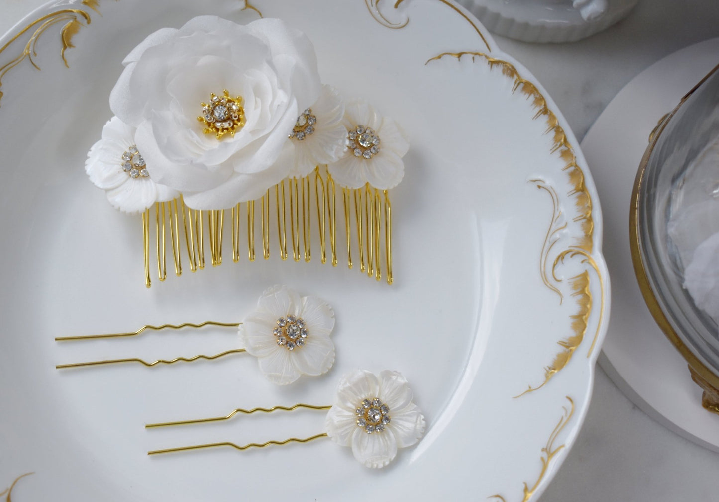 The Aurore - Bridal Hair Comb and Pin Set, Silk Rose and Mother of Pearl, Handmade Wedding Hair Accessory