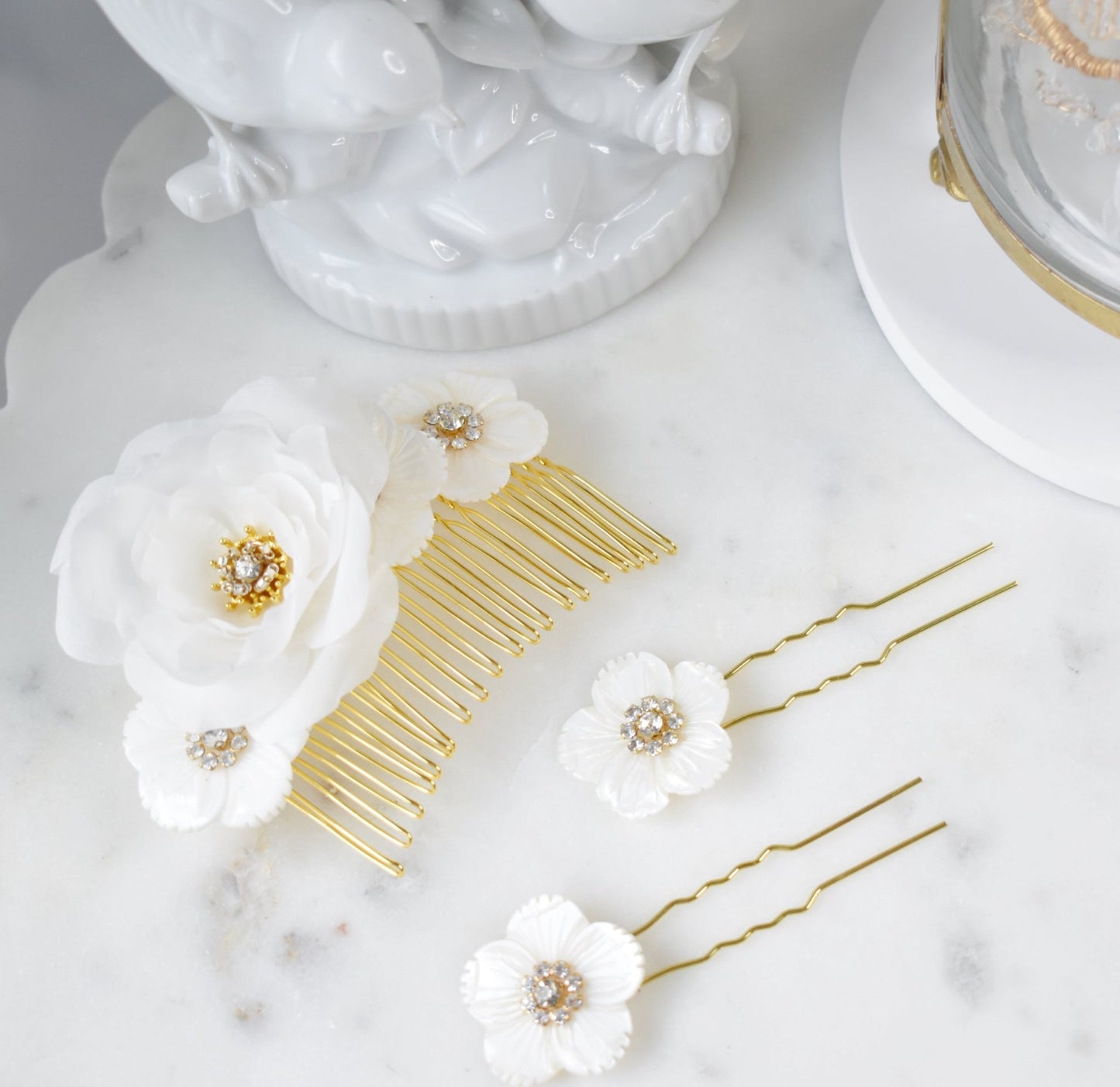 The Aurore - Bridal Hair Comb and Pin Set, Silk Rose and Mother of Pearl, Handmade Wedding Hair Accessory