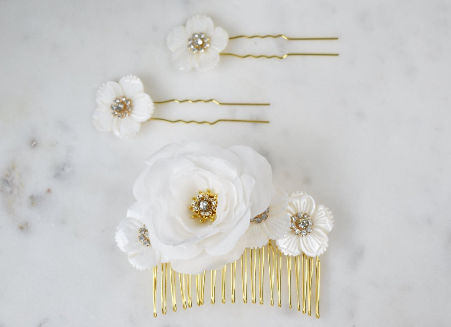 The Aurore - Bridal Hair Comb and Pin Set, Silk Rose and Mother of Pearl, Handmade Wedding Hair Accessory