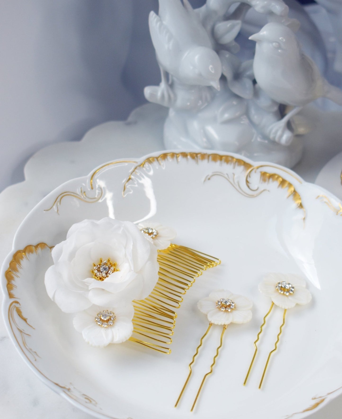 The Aurore - Bridal Hair Comb and Pin Set, Silk Rose and Mother of Pearl, Handmade Wedding Hair Accessory