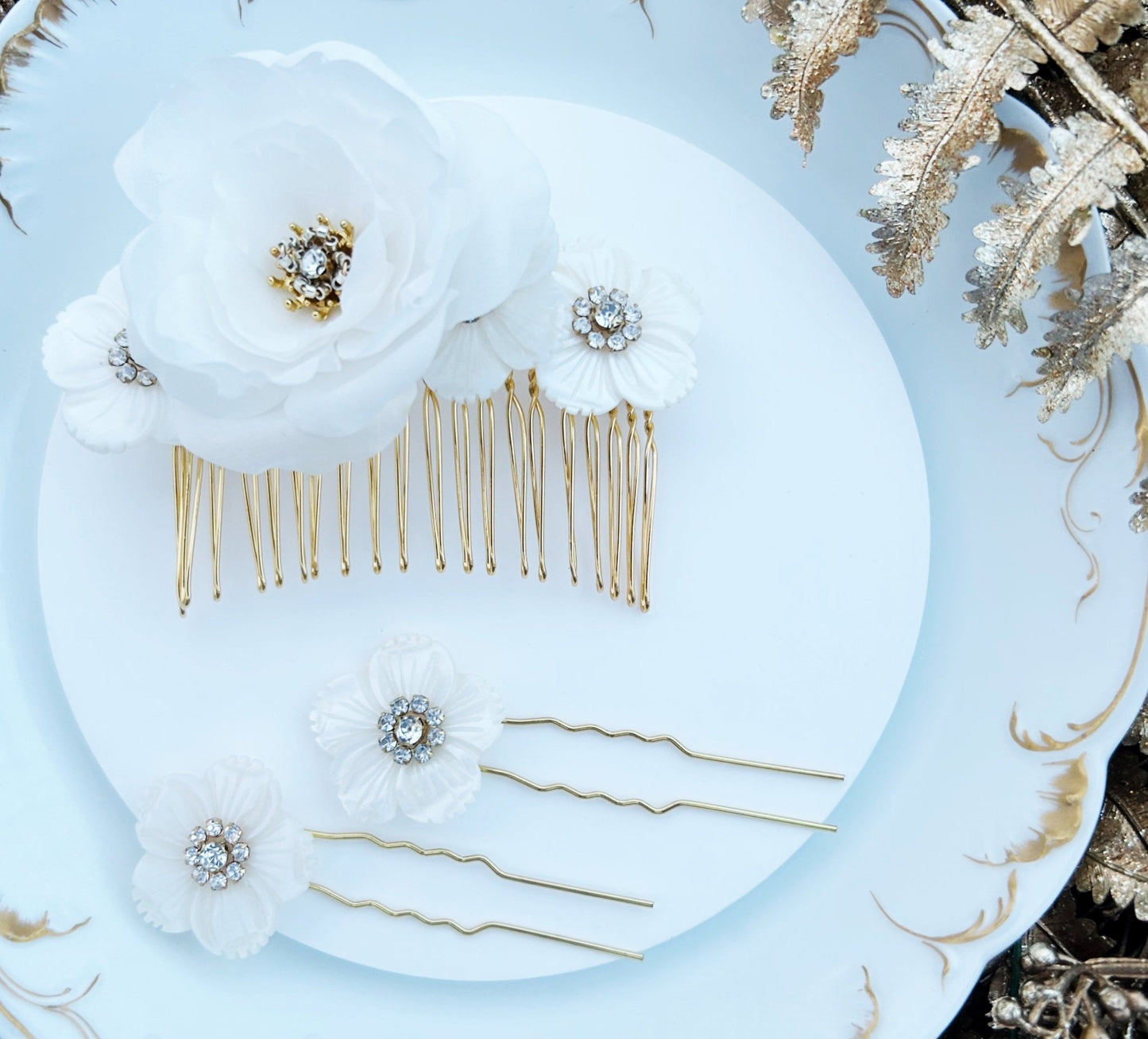 The Aurore - Bridal Hair Comb and Pin Set, Silk Rose and Mother of Pearl, Handmade Wedding Hair Accessory