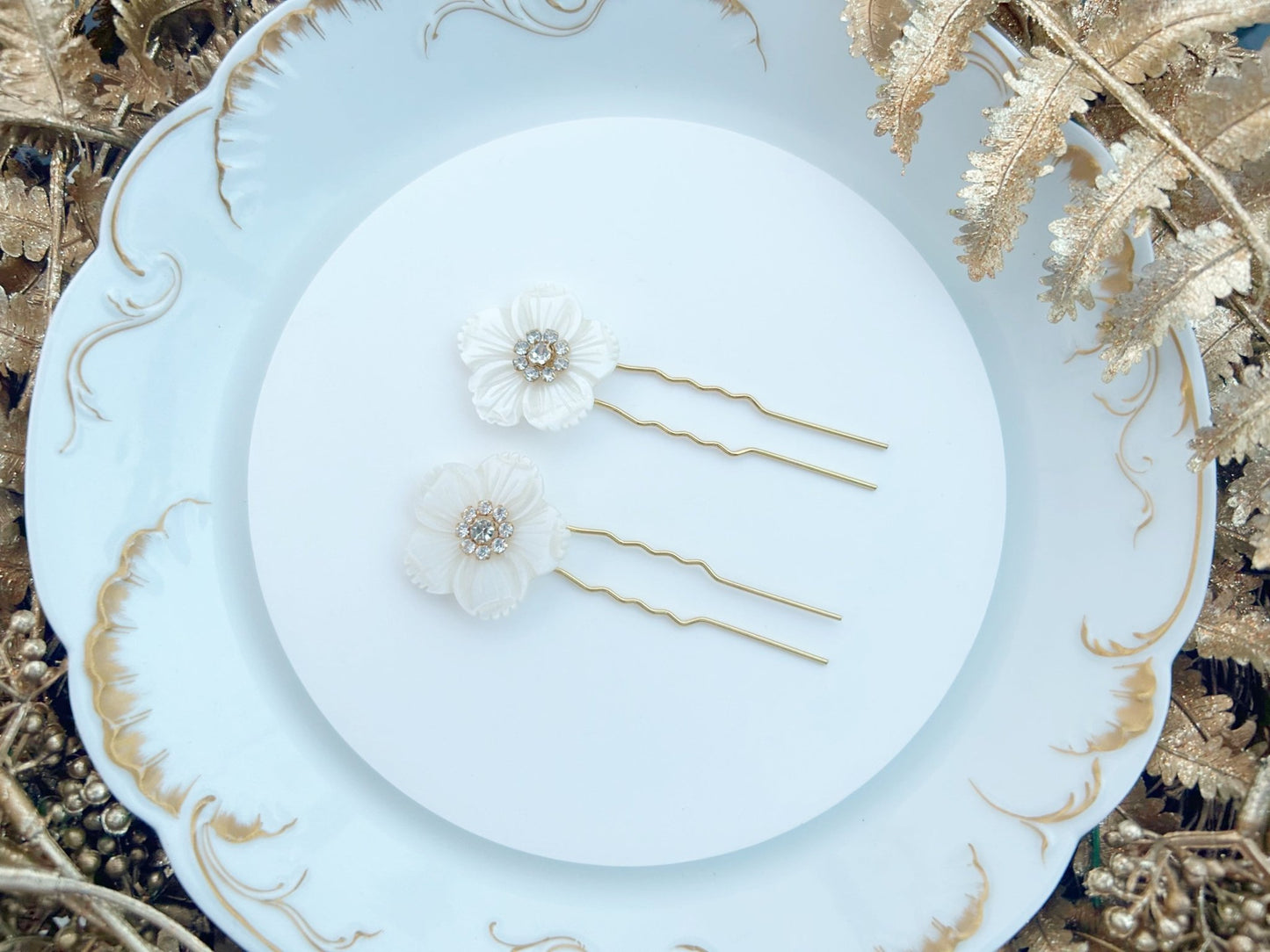 The Aurore Hair Pins. Bridal Hair Pins, Mother of Pearl Flowers and Austrian Crystals, Handmade Wedding Hair Accessory, Set of 2