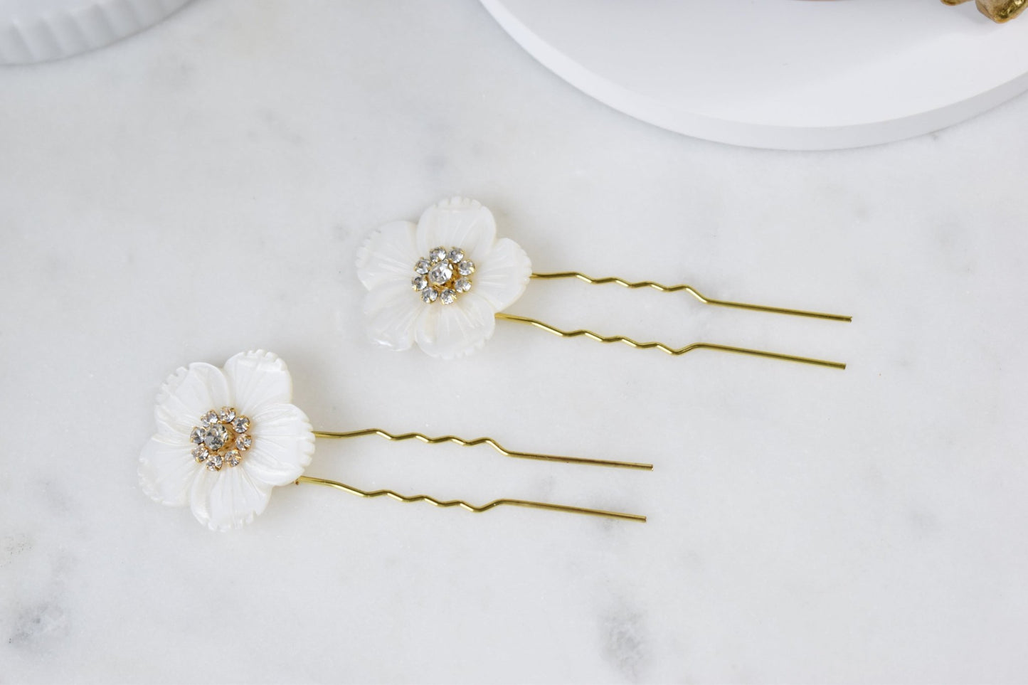 The Aurore Hair Pins. Bridal Hair Pins, Mother of Pearl Flowers and Austrian Crystals, Handmade Wedding Hair Accessory, Set of 2