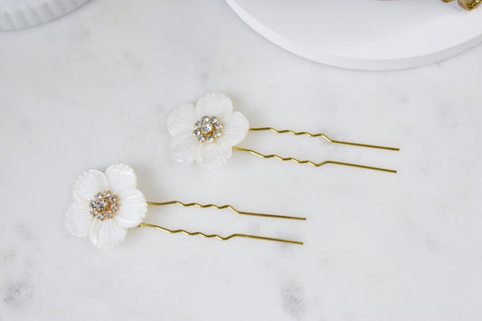 The Aurore Hair Pins. Bridal Hair Pins, Mother of Pearl Flowers and Austrian Crystals, Handmade Wedding Hair Accessory, Set of 2