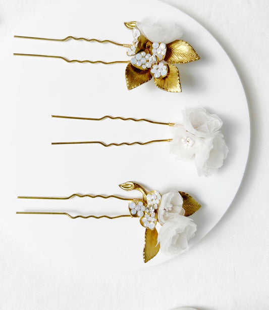 The Charlotte - Bridal Hair Pins Set of 3 - Silk Organza Flowers, Handmade Wedding Accessory