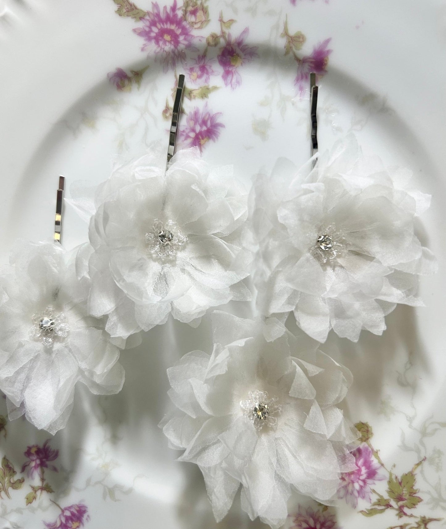 The Chiara - Hair Pins with Rhinestones - White Organza Flowers, Handcrafted in Dallas Wedding Hair Accessory