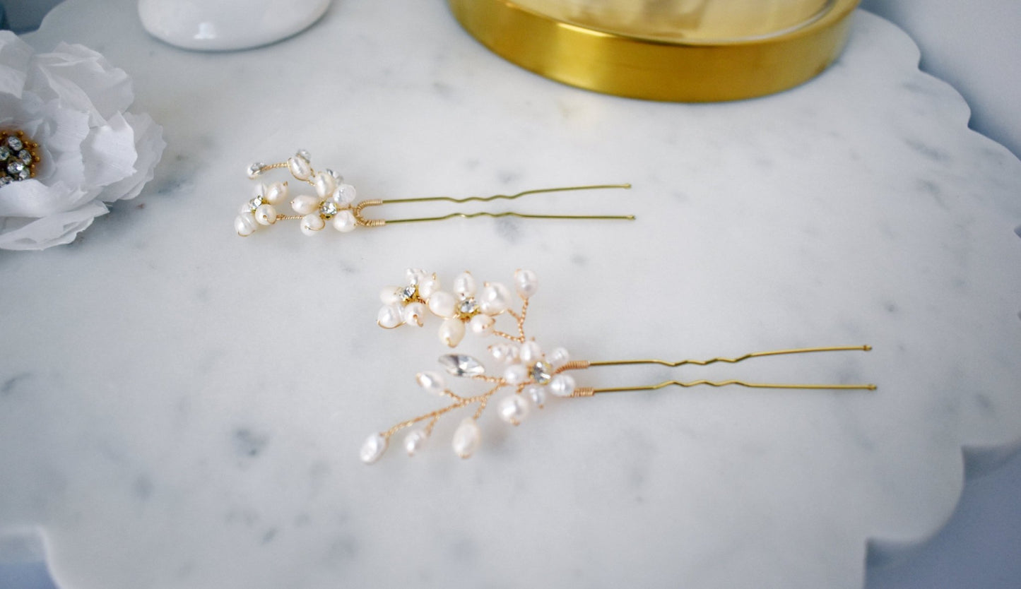 The Coralie - Bridal Hair Pins, Freshwater Pearl & Austrian Crystal, Handmade Wedding Hair Accessory, Set of 2.