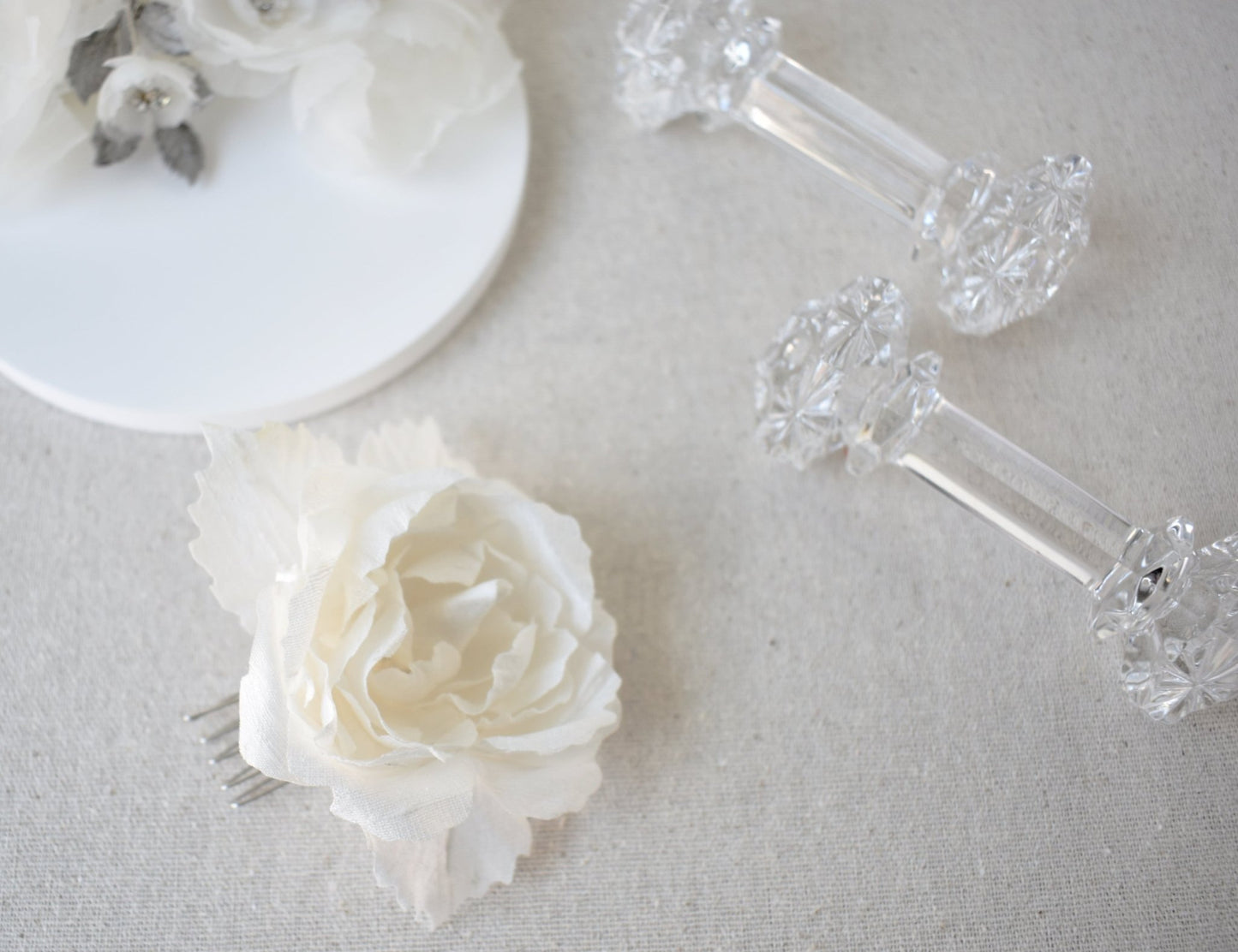 The Manon, Mini Bridal Hair Comb with Hand Pressed White Silk Rose