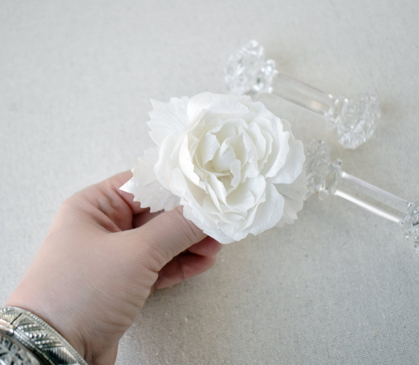 The Manon, Mini Bridal Hair Comb with Hand Pressed White Silk Rose