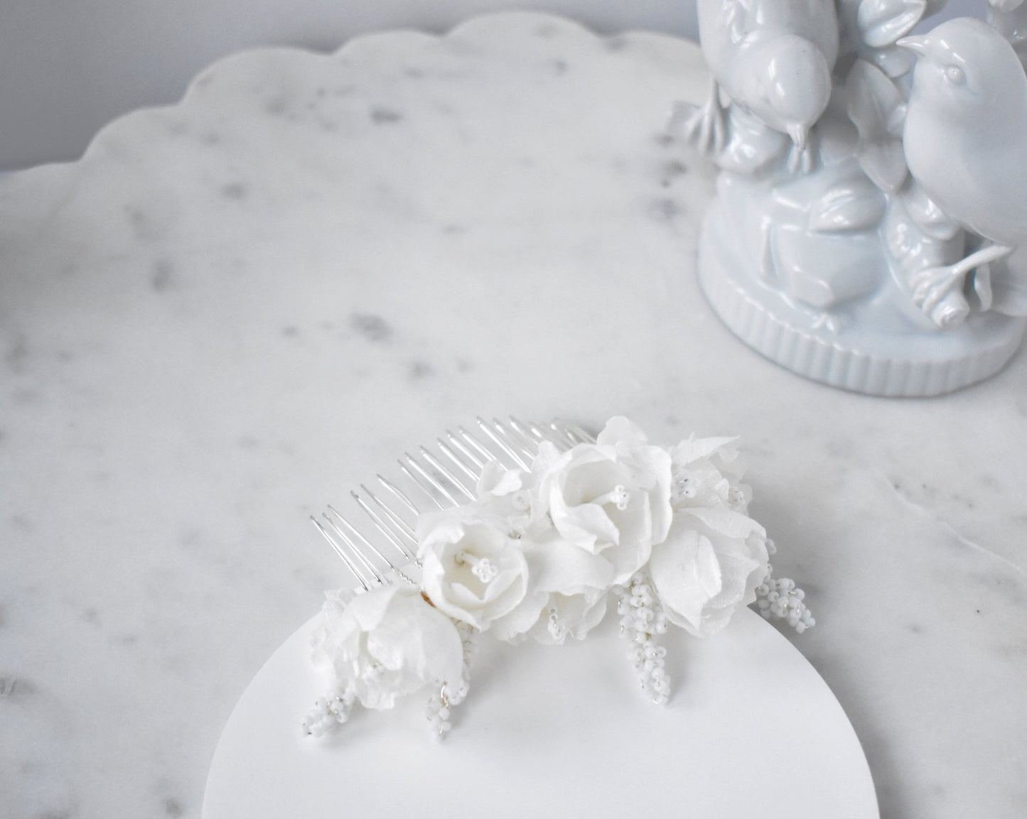 The Odette Comb, Bridal Hair Comb, White Silk Tulips and Delphinium Blossoms, Wedding Headpiece