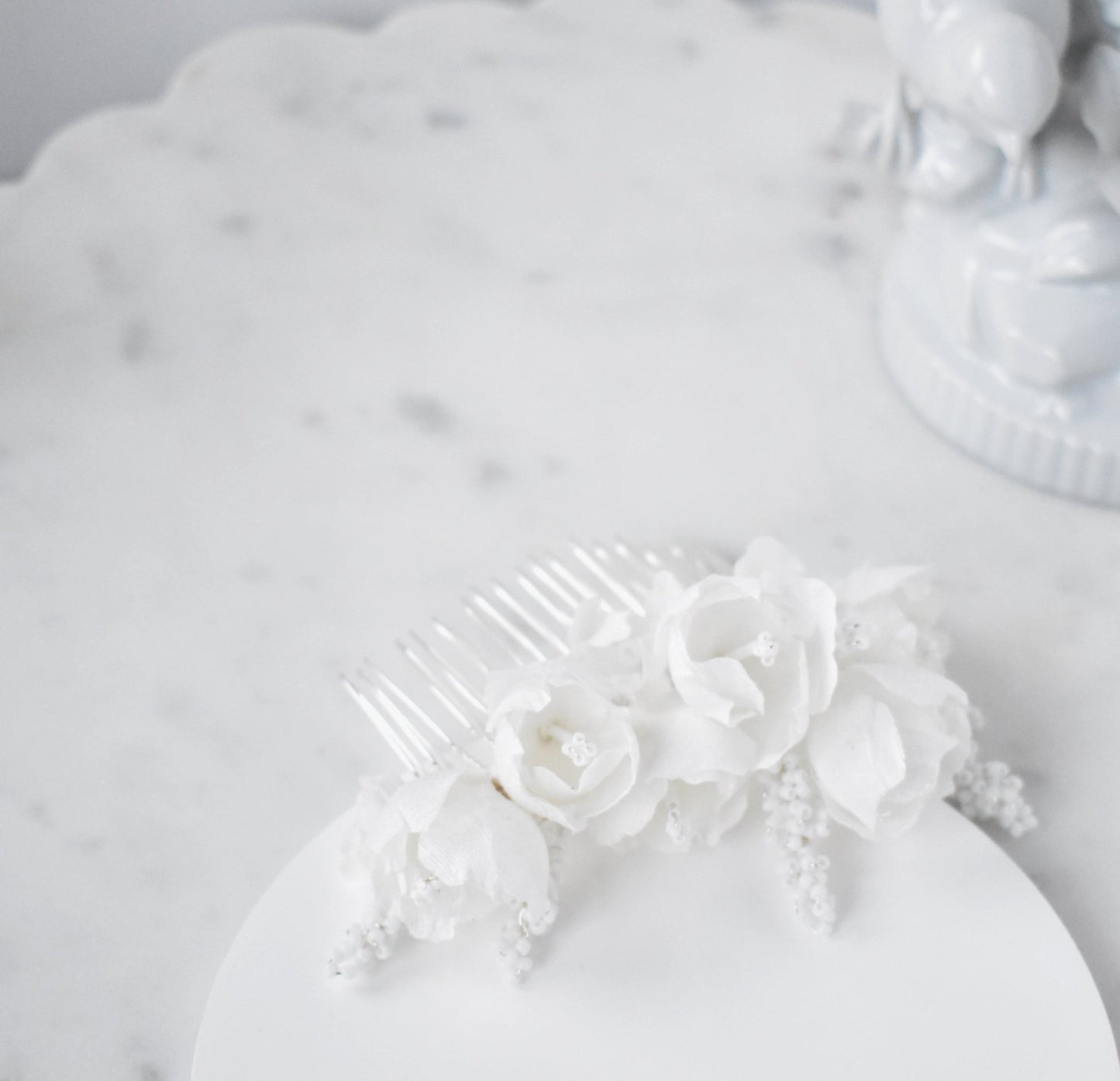 The Odette Comb, Bridal Hair Comb, White Silk Tulips and Delphinium Blossoms, Wedding Headpiece