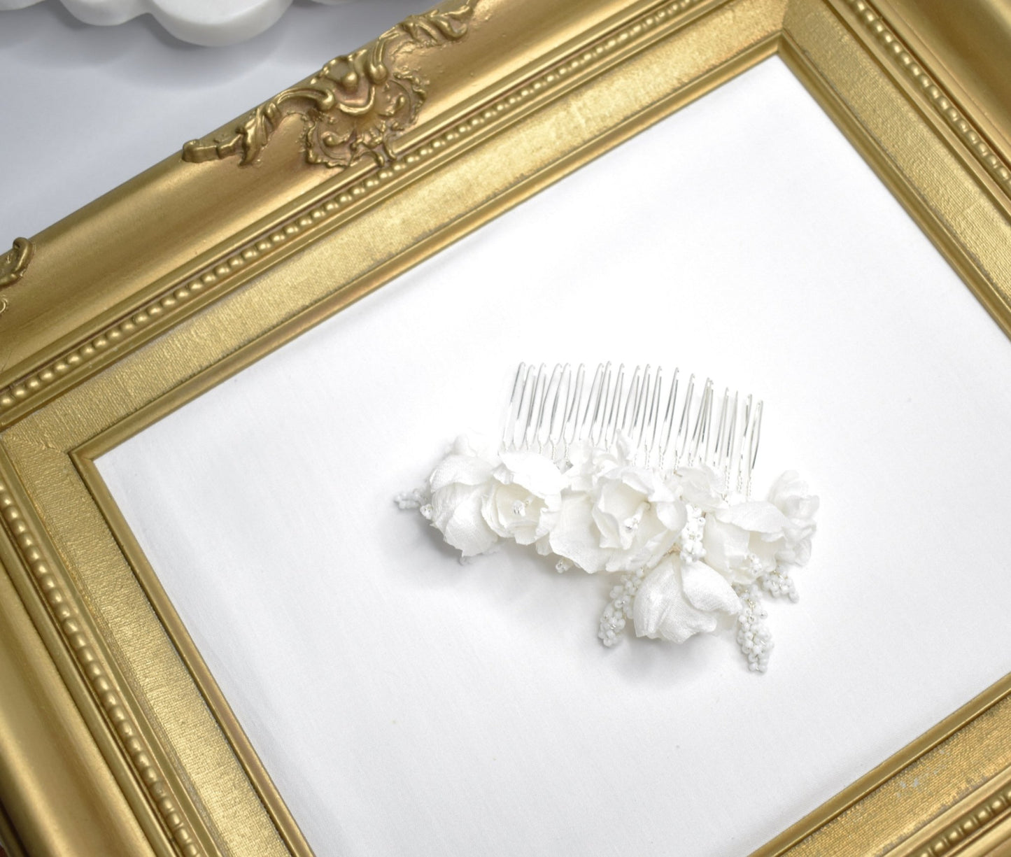 The Odette Comb, Bridal Hair Comb, White Silk Tulips and Delphinium Blossoms, Wedding Headpiece