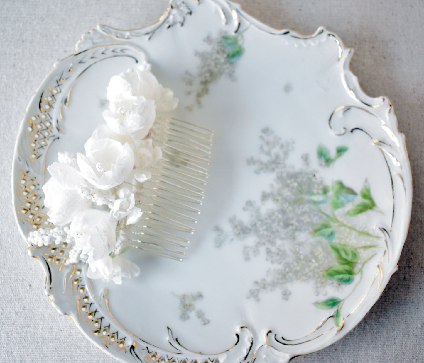 The Odette Comb, Bridal Hair Comb, White Silk Tulips and Delphinium Blossoms, Wedding Headpiece