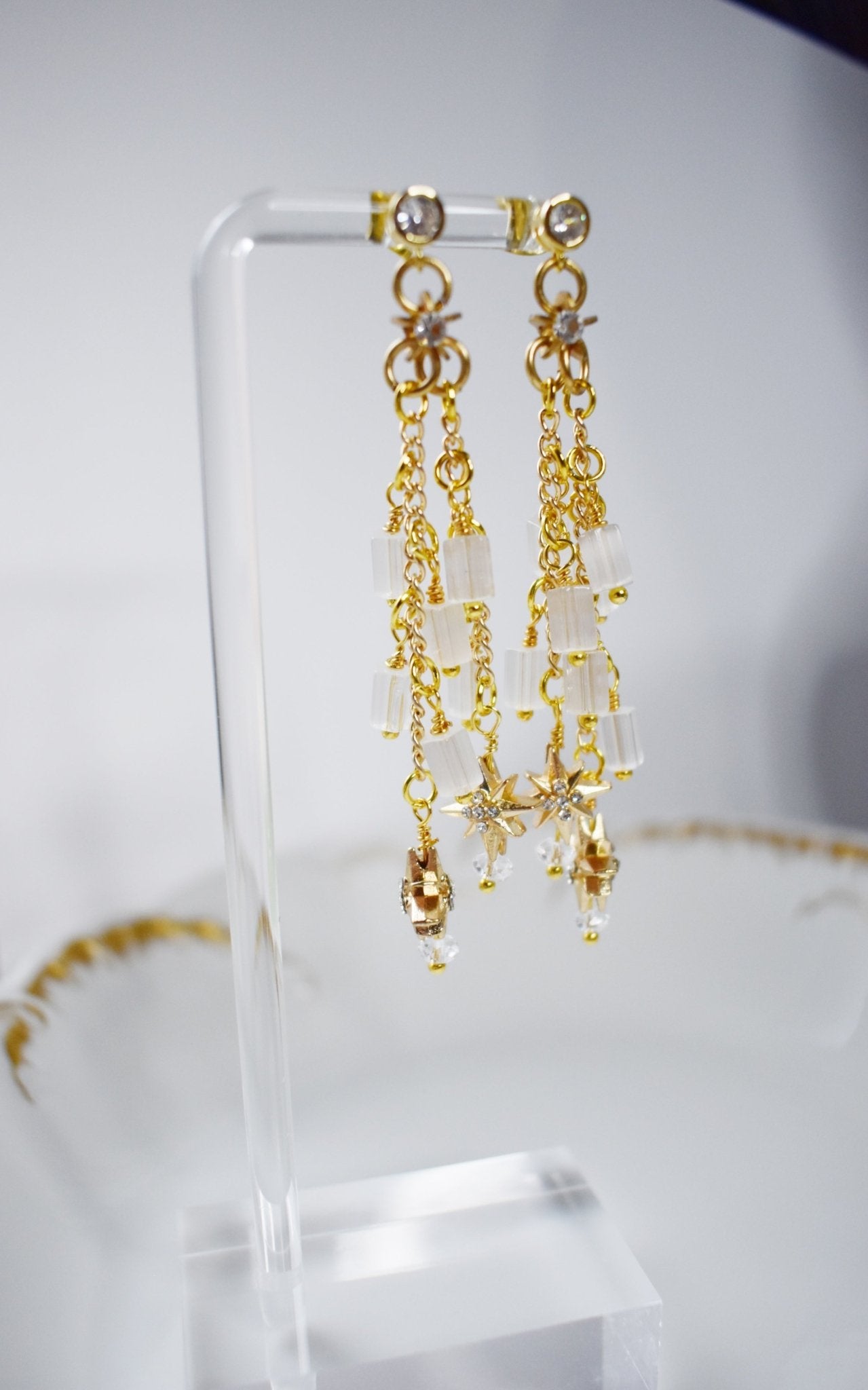 The Solène | Long Gold Star Drop Bridal Earrings