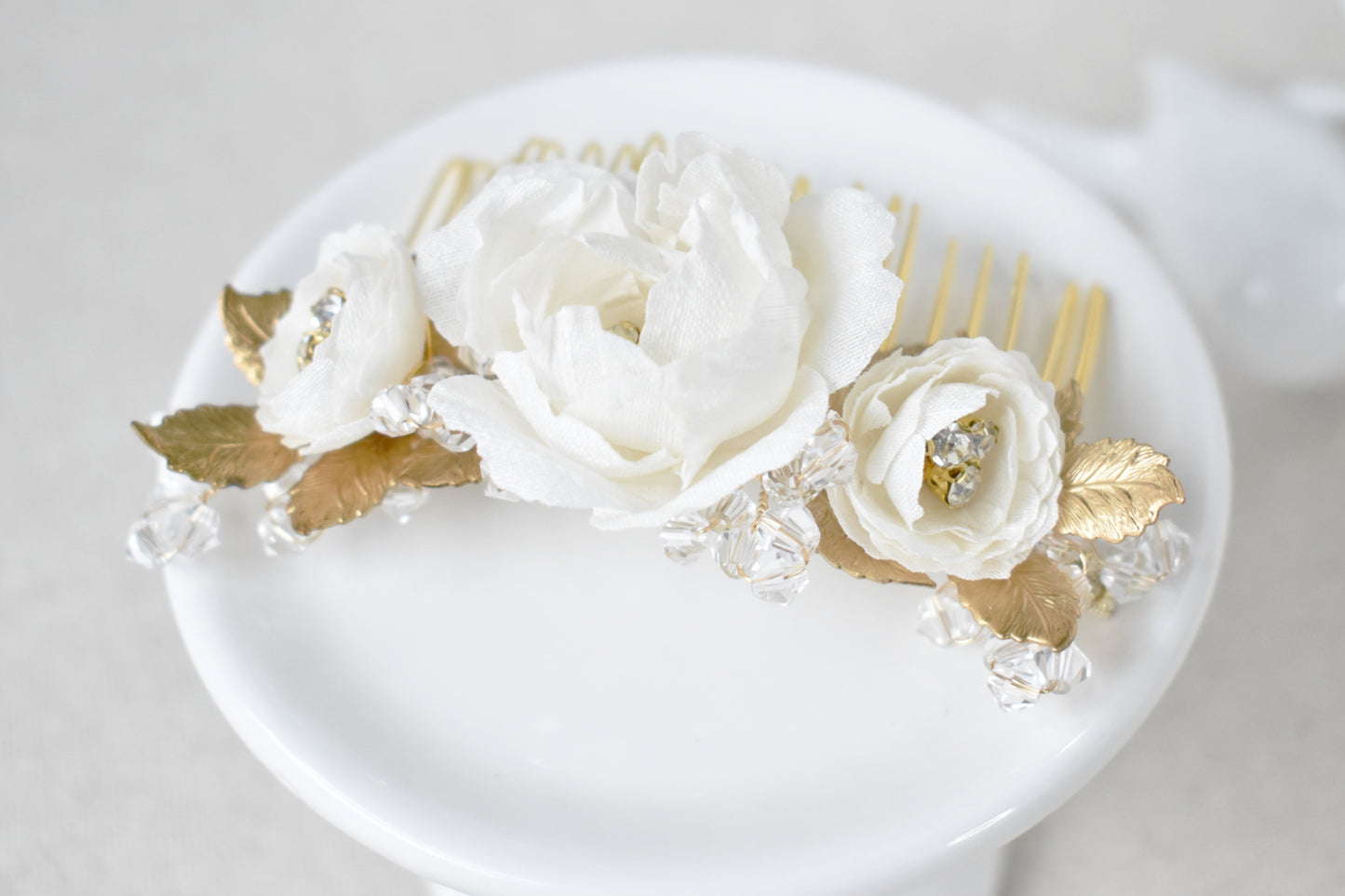 The Adelie - Bridal Hair Comb, Silk Dupioni Flowers, Brass Cast Leaves and European Glass, Handmade Wedding Headpiece