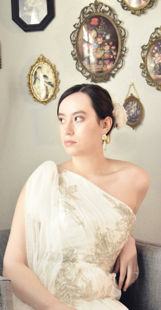 Bridal Hair Comb, Silk Organza Magnolia Bloom, Rhinestones and Silver Leaves, Handmade Wedding Headpiece