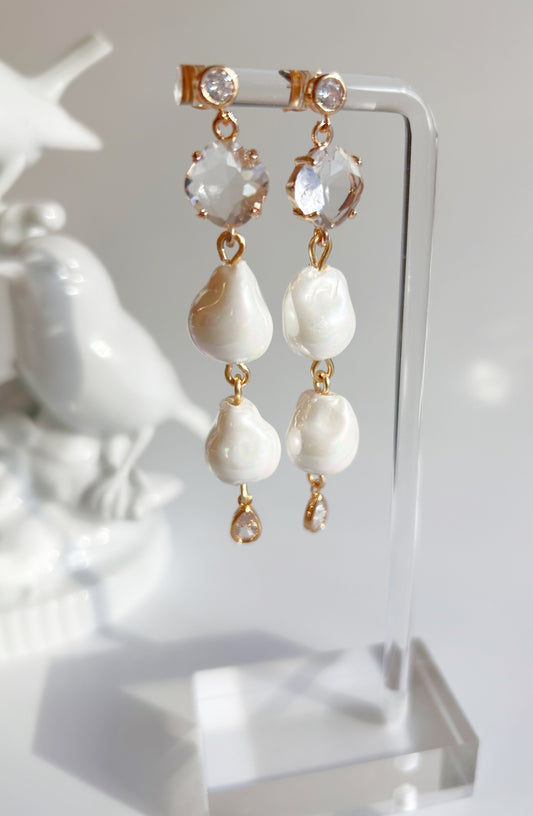 Lustrous Glass Pearl Drop Earrings – Handcrafted with Faceted Glass and Gold Accents - Style 0558